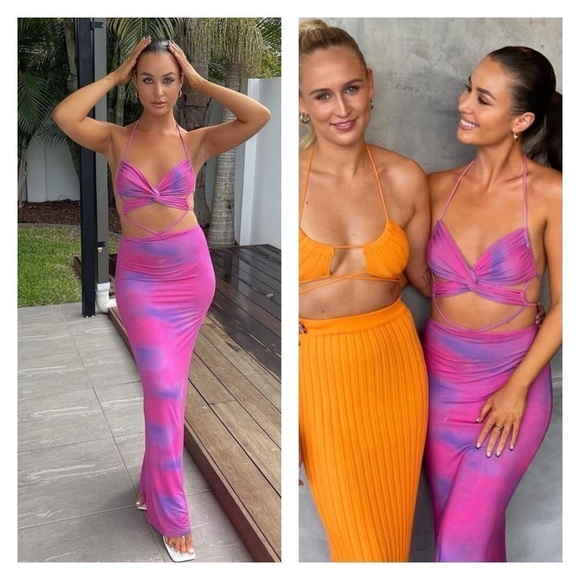 I.AM.GIA Pink Purple Cloud Print Karlie Cutout Halter Bodycon Maxi Dress S Sexy - Picture 4 of 16